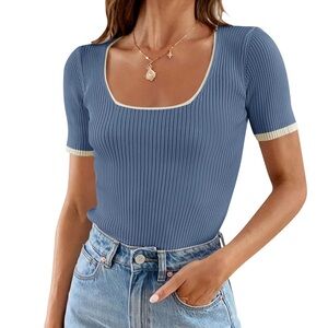 Elegant Blue Ribbed Short Sleeve Top